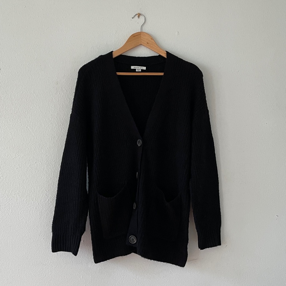 American Eagle Vneck Cardigan Button Up Longline Sweater Ribbed Black